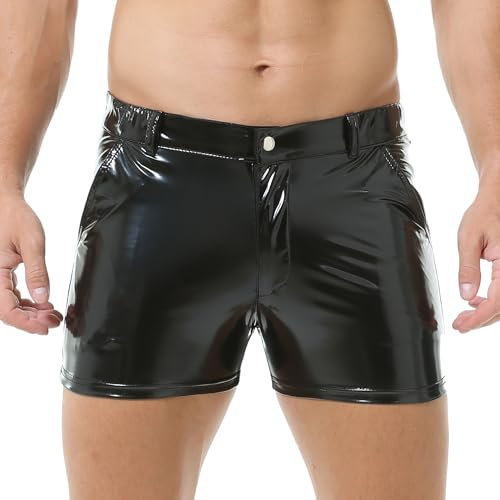 QiaTi Herren PU Leder Shorts elastische Taille Rave Hot Short Pants Reißverschluss Männer Sexy Shorts mit Taschen für Club Party XL