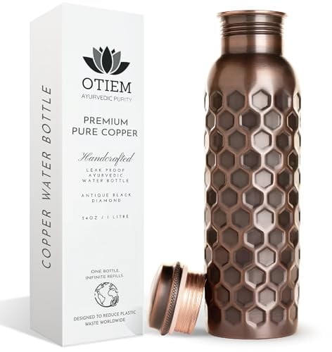 Otiem Bouteille d'eau en cuivre pur de 100 ml pour boire – Bouteille d'eau ayurvédique en cuivre noir antique avec couvercle anti-fuite – Grande bouteille d'eau en cuivre fabriquée à la main – 100