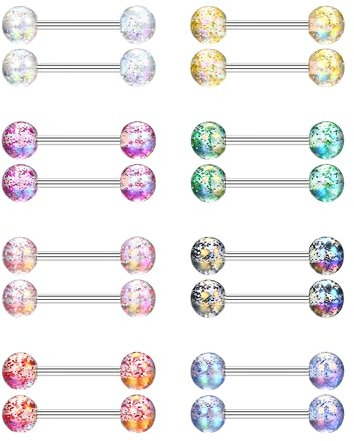 CASSIECA 16Pcs 14G Zungenpiercing Chirurgenstahl 14mm Brustwarzenpiercing Kunststoff Mehrfarbig Edelstahl Nippel Piercing Barbell für Damen