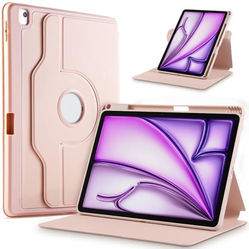 GOZOPO Coque pour iPad Air 11 Pouces M2 (2024), iPad Air 5/Air 4 10,9 (Modèle 2022/2020, 5e/4e Génération), Support Rotatif à 360 Degrés Housse avec Porte Pencil, Veille/Réveil Automatique - Rose
