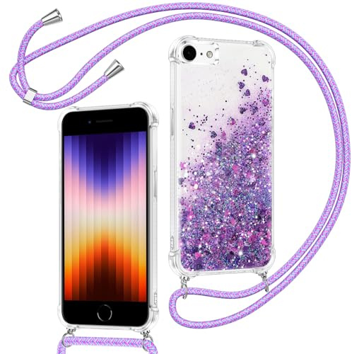 Xiltlly handyband für iPhone 8/iPhone SE 2020/iPhone 7/SE 2022 Hülle mit Band, Glitzer Flüssig Durchsichtig Silikon Handyhülle mit Kette Kordel zum Umhängen Stoßfest Kratzfest Schutzhülle, Violett
