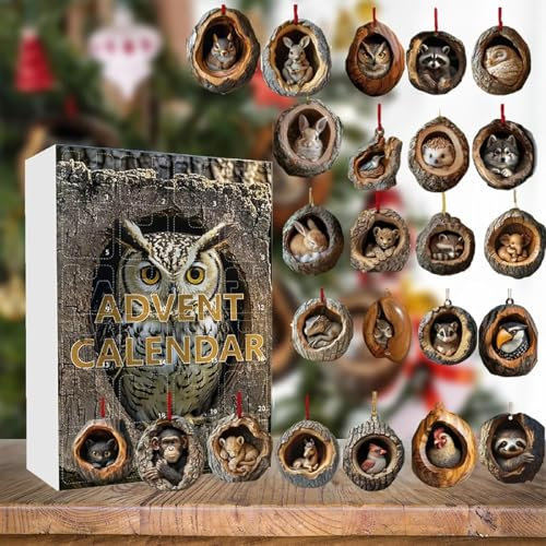 ITETONE Baumloch-Tier-Adventskalender 2024, Weihnachtsbaum-Loch-Tier, 24-Tage-Countdown-Adventskalender, 2D-Acryl, günstiger Waldtier-Ornament für Weihnachtsbaumdekorationen, Geschenk