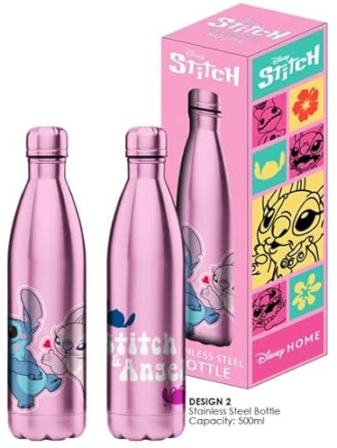 HOMADICT - Botella aislante de acero inoxidable reutilizable Stitch & Angel Kiss – Mantenimiento caliente y frío 12 horas – Para deporte, viaje, diario, 500 ml – BPA Free – Licencia oficial