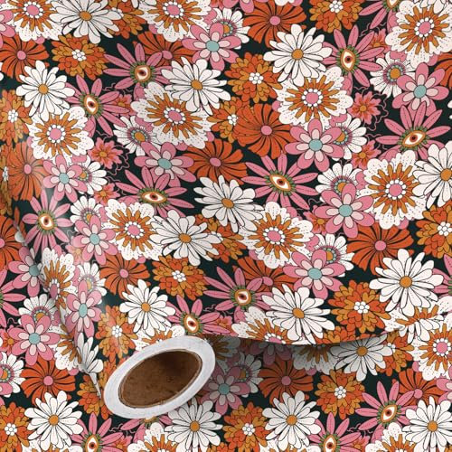 RUSPEPA Retro Boho Wrapping Paper Roll for Women, Mini Roll, Vintage Daisy Patterns, Vibrant Colorful Floral Gift Wrap Paper for Birthday, Spring and Boho-Themed Gifts, 43.2cm x 5m