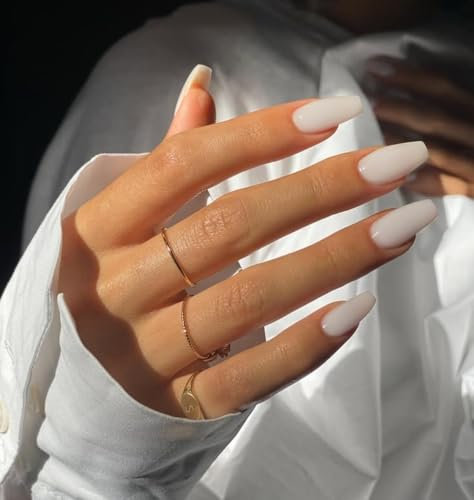 SXVME White Press on Nails Short Medium Coffin Acrylic False Nails Short Ballerina Natural Fake Nails Set Elegant Solid Color Glossy Gel Stick on Nail for Women Daily Wear 24 Pcs