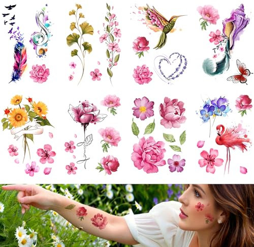 Temporäre Tattoos, Schwarze Rosen und Bunte Blumen Design, Aufkleber für Frauen (farbenfroh)