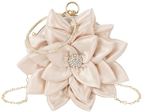 MEGAUK Borsa da sera da donna, in raso, con rosa, mini borsa da polso, per matrimoni, feste, telefono cellulare
