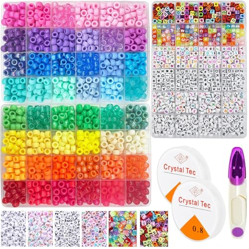 LYMOOR 2300 Pony Beads, Kandi Bunte Perlen für Armbänder Set, 1000 Alphabetperlen Schmuck, 20m elastische Kordel, großem loch Perlen Zum Auffädeln, DIY Halsketten Armbänder Selber Machen Geschenk