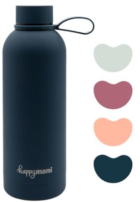 HappyMami, Termo Liquidos Bebe 500ml,Botella Acero Inoxidable, Cierre Hermético con Rosca, Incluye Asa para Transporte, Doble Pared Interna para Mantener Temperatura (Azul Noche)