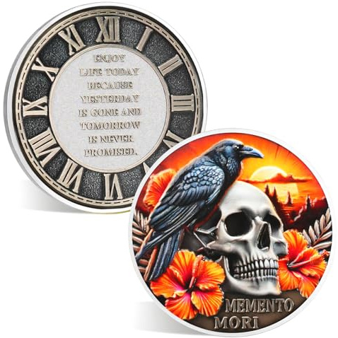 ACGZQY Memento Mori Münze – Totenkopf-Sanduhr-Memento-Vivere-Münze mit Krähe und Uhr – Stoische EDC-Challenge-Münze für den Alltag – Genießen Sie den heutigen Tag – motivierende Erinnerungsmünze