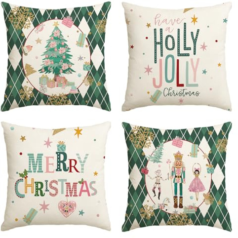 Artoid Mode Dunkelgrün Diamant Plaid Nussknacker Baum Frohe Weihnachten Kissenbezüge 4er Set, 45x45cm Winter Zierkissenbezug Couch Wohnzimmer Deko