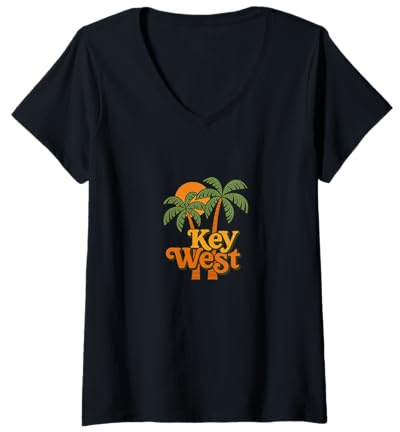 Damen Urlaub auf Palm Island im Retrostil bei Sonnenuntergang in Key West Florida T-Shirt mit V-Ausschnitt