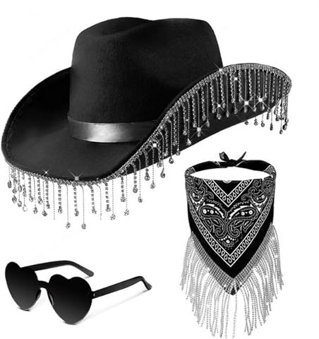 3 Stück Cowboyhut Accessories Set, Western Cowboy Outfits Zubehör Kit mit Cowboyhut Herzförmiger Sonnenbrille Paisley Bandanas für Damen Herren Halloween Maskeraden Partys Cowboy Hut Westernhut
