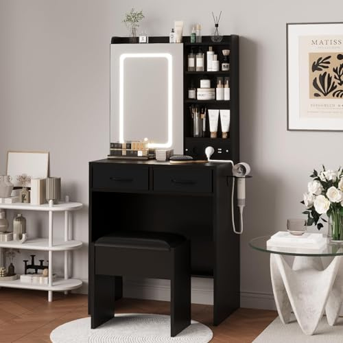 RBFGYIOP Schminktisch Mit Dimmbarem LED-Spiegel in 3 Farbmodi, 2 AC-Steckdosen & USB-Anschlüssen, Haartrocknerständer, 2 Schubladen & Polsterhocker, Schwarz 60×40×138 cm