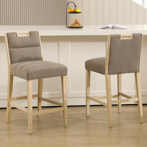 DAYALANE Tabourets de Bar Lot de 2, Coussin Rembourré&Cadre en Bois, Marron | Chaise de Bar Dossier avec Poignée, Tabouret Haut en Chenille avec Repose-Pieds, pour Cuisine