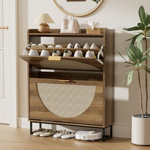 BonVache Shoe Storage Rattan with Adjustable Shelves, Storage Cabinet Unit with 2 Flip Drawers for Hallway, Wooden Shoe Organiser, Entryway and Living Room