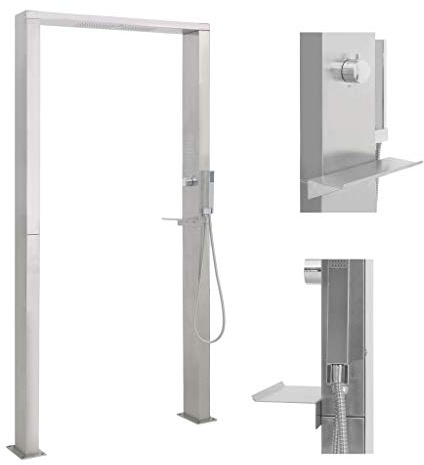 Mangloder - Doccia da giardino in acciaio inox, doppio getto, pannello doccia con doccia a pioggia, doccia a cascata, doccia massaggiante e doccetta, in acciaio inox spazzolato 201, 210 cm, per