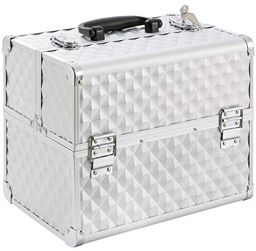 Arebos Kosmetikkoffer | 15L | 5 Fächer | Aluminium | Diamant-Muster | inkl. Schloss & Schlüssel | 2 ausklappbare Etagen | Samteinlage | 32 x 27 x 22 cm | Silber