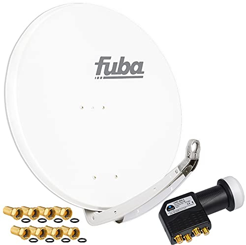 FUBA 4 Teilnehmer Digital SAT Anlage DAA850W Weiss + Hochwertiger Quad LNB + 8 Vergoldete F-Stecker