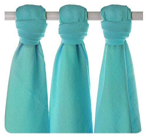XKKO BMB070028A 3er Pack Bambuswindeln zum Wickeln, beim Stillen, als Unterlage oder leichte Decke, Windeln 70 x 70 cm, türkis