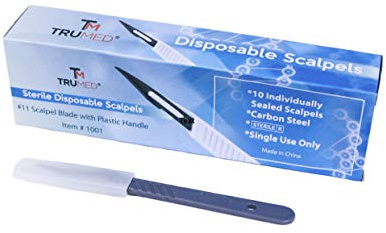 TruMed 1001 Disposable Scalpels With #11 High-Carbon Steel Blades, Plastic Handle, Sterile, Individually Foil Wrapped, Box Of 10