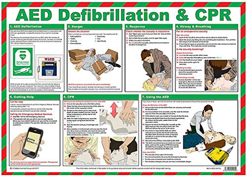 PDL – Pegdev - A2 Landscape First Aid Laminated Health & Safety Poster - AED Defibrillation & CPR Guide.