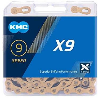Fahrrad Kette, KMC Fahrradkette, X9 Ti-N Gold, 1/2 x 11/128, 114 Glieder, 9-fach, kompatibel mit Shimano / Sram / Campagnolo, gold