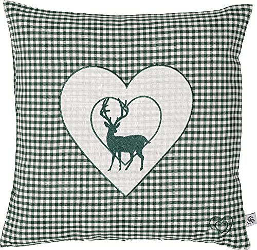 Zirbenkissen Bestickt mit Hirsch und Herz grün karriert Größe 40x40 cm befüllt mit Zirbenflocken aus Zirbenholz in extra Inlett