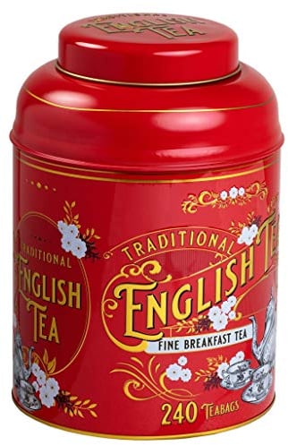 New English Teas Vintage Victorian Tea Caddy in Red with 240 Fine Breakfast Teabags