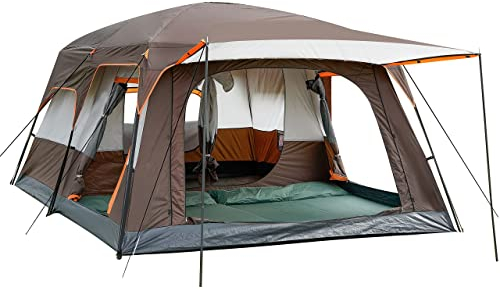 KTT Extra großes Zelt für 12 Personen (Stil-B), Familienhüttenzelte, 2 Zimmer, gerade Wand, 3 Türen und 3 Fenster mit Netz, wasserdicht, doppellagig, großes Zelt für Outdoor, Picknick, Camping,