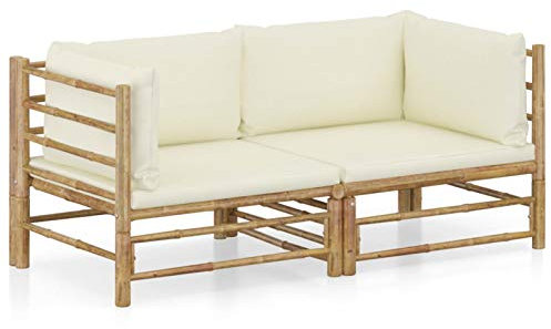 Tidyard Salon de jardin 2/3/4/6/7/8 pièces avec coussins blanc crème en bambou, canapé d'extérieur en bois, salon de jardin, large choix de dimensions