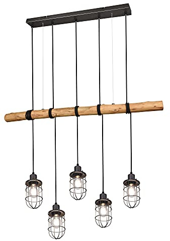 Trio Leuchten Pendelleuchte Forester 308100567, Metall Nickel antik, Holz, Stoffkabel Schwarz, exkl. 5x E27