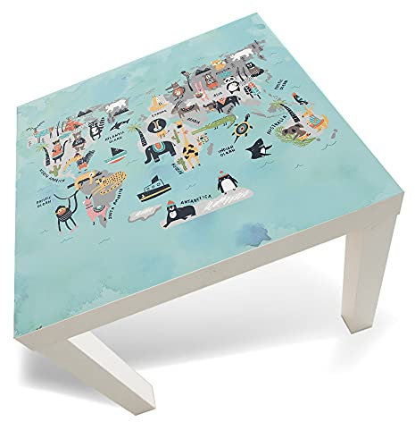 IK00004 - Adhesivo de vinilo para mesa, 55 x 55 cm, para dormitorio infantil, diseño de mapa del mundo con animales