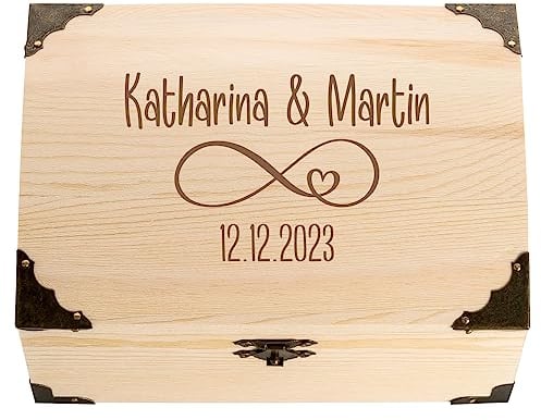 4youDesign Holzkiste, Schatztruhe zur Hochzeit mit Gravur – Motiv Infinity 2 Namen & Datum – Hochzeitsgeschenk für Brautpaar – Perfekt als Verpackung oder Geldgeschenk – L18xB13xH10cm