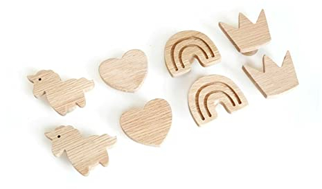PLT Möbelgriffe im Märchen Motiv für Kindermöbel aus unbehandeltem Eichenholz, Knauf, Knopf, Weltall, Kommode, Schrank, Schublade, Tür, Kinderzimmer, Geschenk (4, Regenbogen)