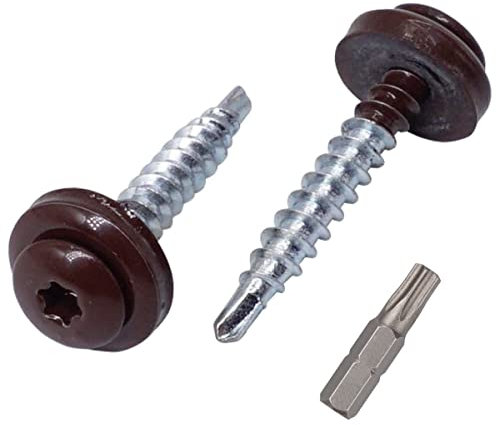 SKIR'CO Confezione da 25 viti per coperture in metallo, 4,8 x 35 mm verniciate autoperforanti con rondelle EPDM, vite Torx in lamiera (25, marrone cioccolato RAL 8017)