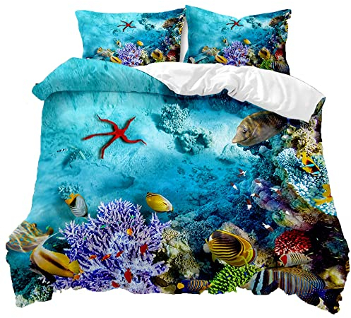 TULTOAP Meerestiere Bettwäsche 135x200cm, Blau Unterwasserwelt Bettwäsche Set Schildkröte Fisch Koralle Drucken Ocean Themed Bettbezug (Tiefsee,135 x 200 cm)