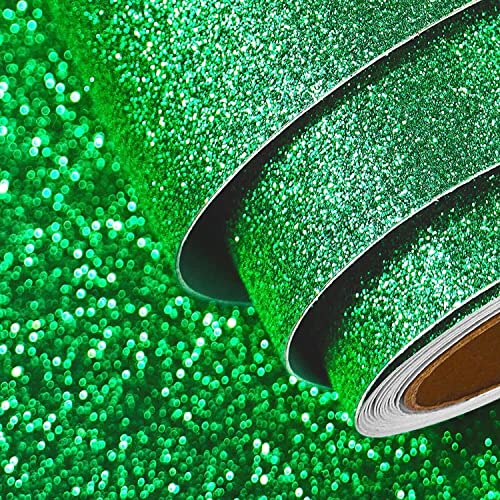FunStick Irish Green Glitter Wallpaper Peel and Stick for Bedroom Kids - Removable Green Glitter Contact Paper Self Adhesive Fabric Wallpaper Decorative for Walls Cabinets Drawers 15.8x78.8