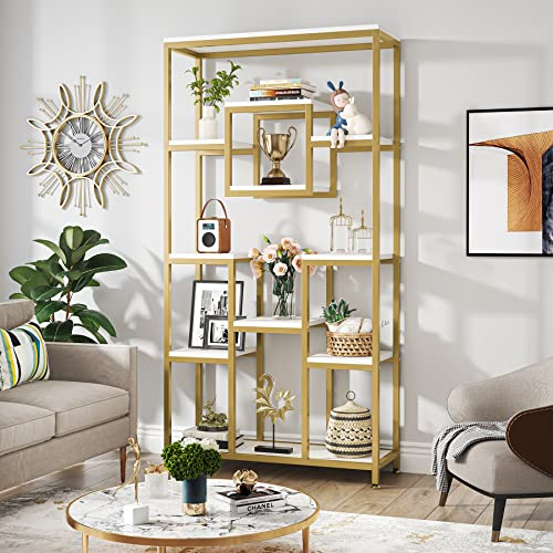 Tribesigns 180cm hohes Gold Bücherregal, Moderne freistehende Bücherregal mit 11 offenen Lagerregalen, hohe Display Bücherregale für Wohnzimmer, Schlafzimmer, Home Office, Gold & Weiß