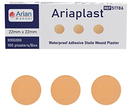 AriaPlast Sterile SPOT 100 Round First Aid Wound Plasters - 22mm x 22mm, Beige 1 Count (1)