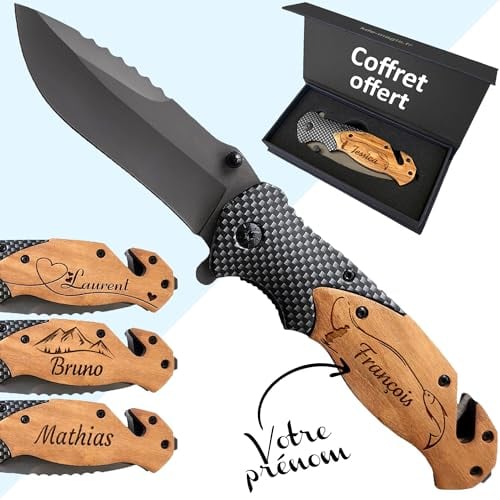 KDO MAGIC - Personalisiertes Klappmesser mit gravur - Personalisierbares Sicherheitsmesser - Gravur Vornamen auf dem Holzgriff - Carbon-Effekt - Vatertag Geschenk (Motiv: Fisch)
