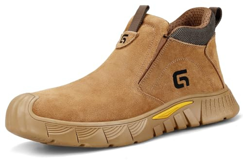 GLANOUDUN Welding Work Boots for Men - Brown Mid-Cut Slip on Steel Toe Shoes - Indestructible Steel Toe Boot for Welder Protective - ASTM Certified Safety Footwear for Construction & Industrial Use