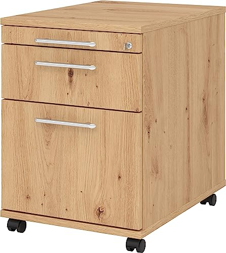 bümö Rollcontainer mit Hängeregistratur, Container abschließbar aus Holz in Asteiche - Rollwagen für's Büro mit Hängeregister als Schreibtisch Unterschrank od. Bürocontainer m. Relinggriffe