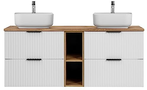 Lomadox Waschtisch 140cm mit 2 Aufsatzbecken, weiß mit Eiche Nb., Front gerillt, Keramikwaschbecken weiß