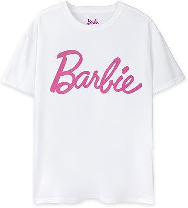 Barbie Damen Klassisches Kurzarm-T-Shirt mit klassischem Logo in Weiß | Ikonische Marke | Modisches Design-Top für Damen | Retro-T-Shirt bequemer Passform Movie Merchandise Geschenk