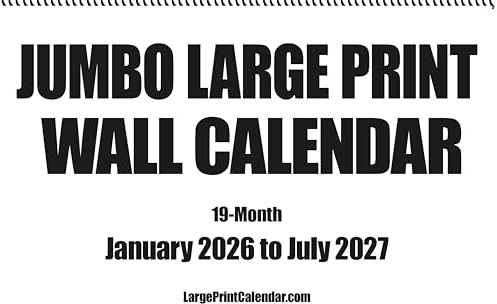 Jumbo-Wandkalender, 19 Monate, Juni 2025 bis Dezember 2026, schweres Papier, 43,2 cm breit x 55,9 cm lang, wenn geöffnet.