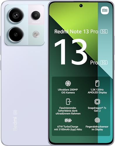 Xiaomi Redmi Note 13 Pro 5G Smartphone, 8+256GB, Handy ohne Vertrag, 6,67 1,5K AMOLED Display, 5.100 mAh, 200MP Kamera, Dual-SIM, Lila