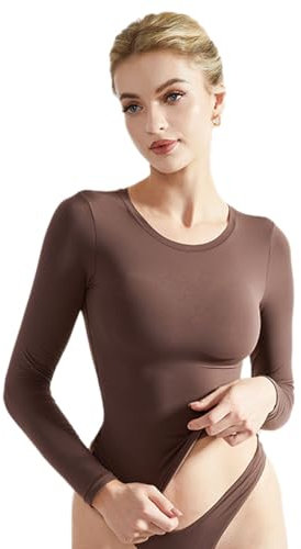 EMOTTOS Women Y2K Crop Tops, Slim Fit Round Neck Shirts, Double Lined Fitted Long Sleeve T-Shirt, Fashion Skinny Y2K Tee Shirt(Brown, M)