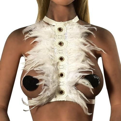 Gefomuofe Feder Dessous Sexy Transparent Spitze BH mit Kette Sets 2 Stück Set Kostüme Frauen Federn Body Harness Punk Gothic Dessous Strumpfband Festival Rave Dance Zubehör