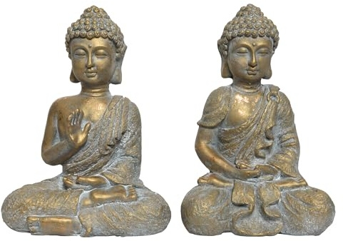Buddha Figur sitzend 31cm x 1 Stück Sortiert - Keramik Buddha Statue für Garten wetterfest - Große Buddhafigur als japanische Zen Deko Gartenfigur - Gartendeko & Dekofiguren - Gold